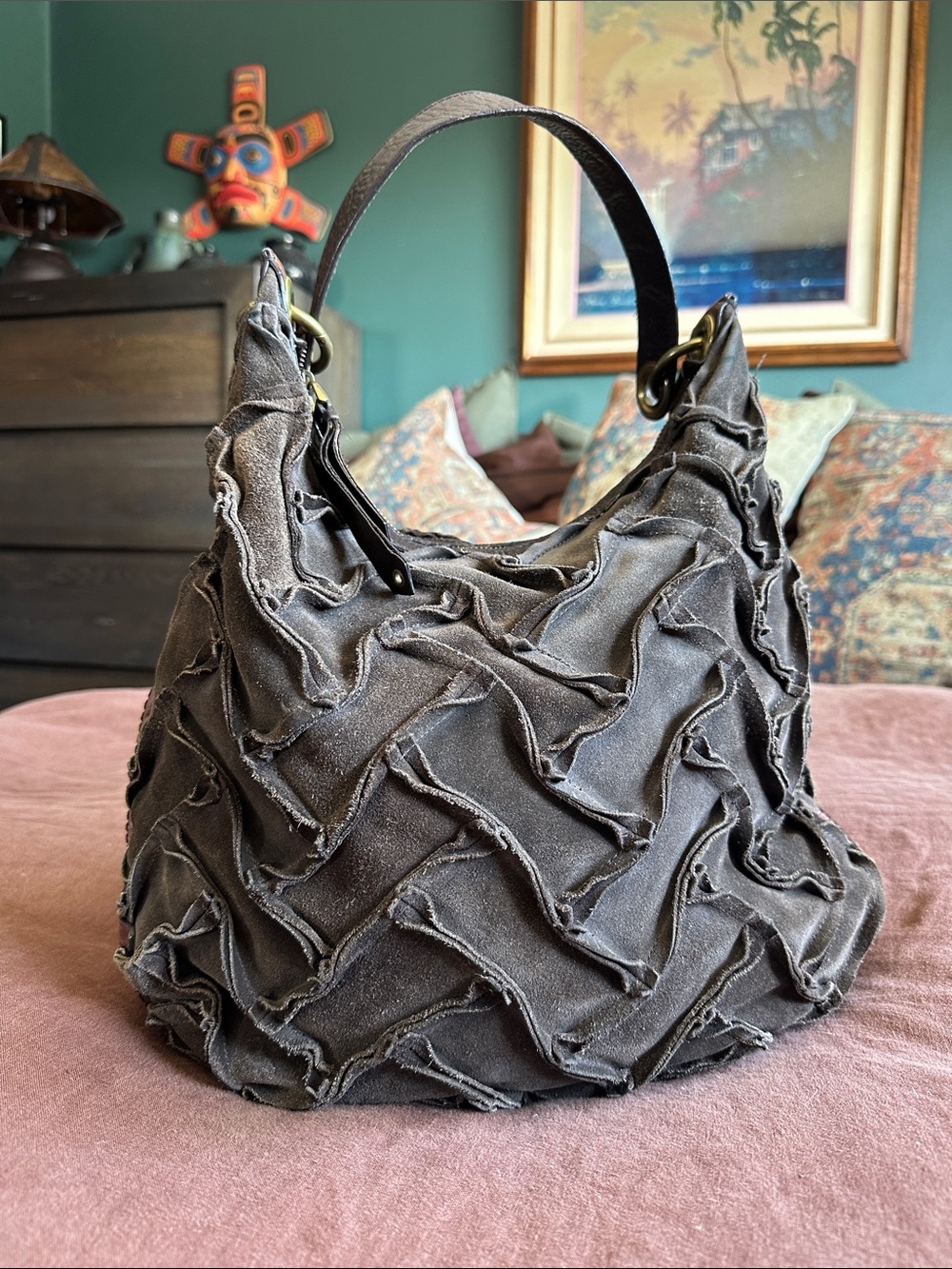 Cole Haan Sloane Women’s Textured Gray Taupe Suede Hobo w Single Shoulder Strap
